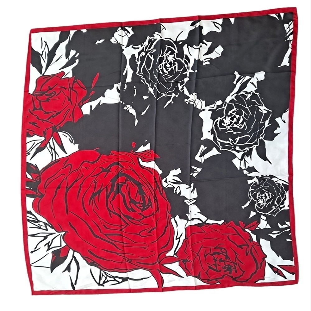 Square Satin Scarf Red Rose Print Black White Head Hair Neck Old Money 💖